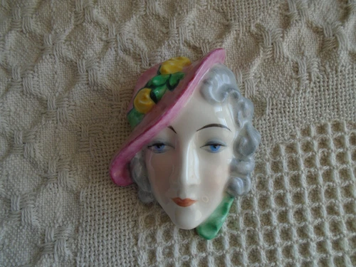 RARE VTG ART DECO WALL MASK ERPHILA CZECH Hand Painted CERAMIC POTTERY LADY
