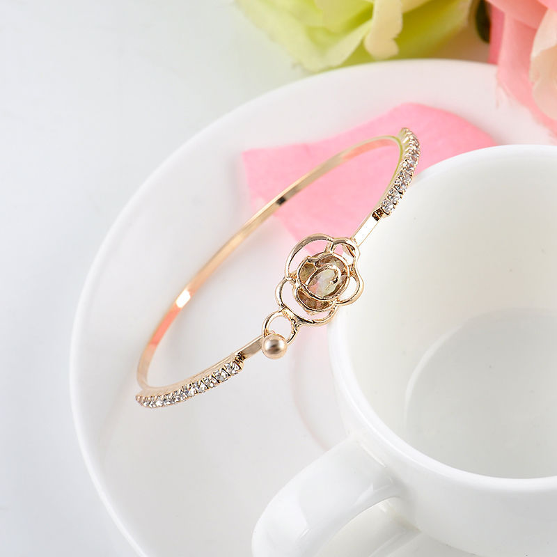 Elegant Women's Crystal Rose Flower Bangle Cuff Bracelet Jewelry Gold