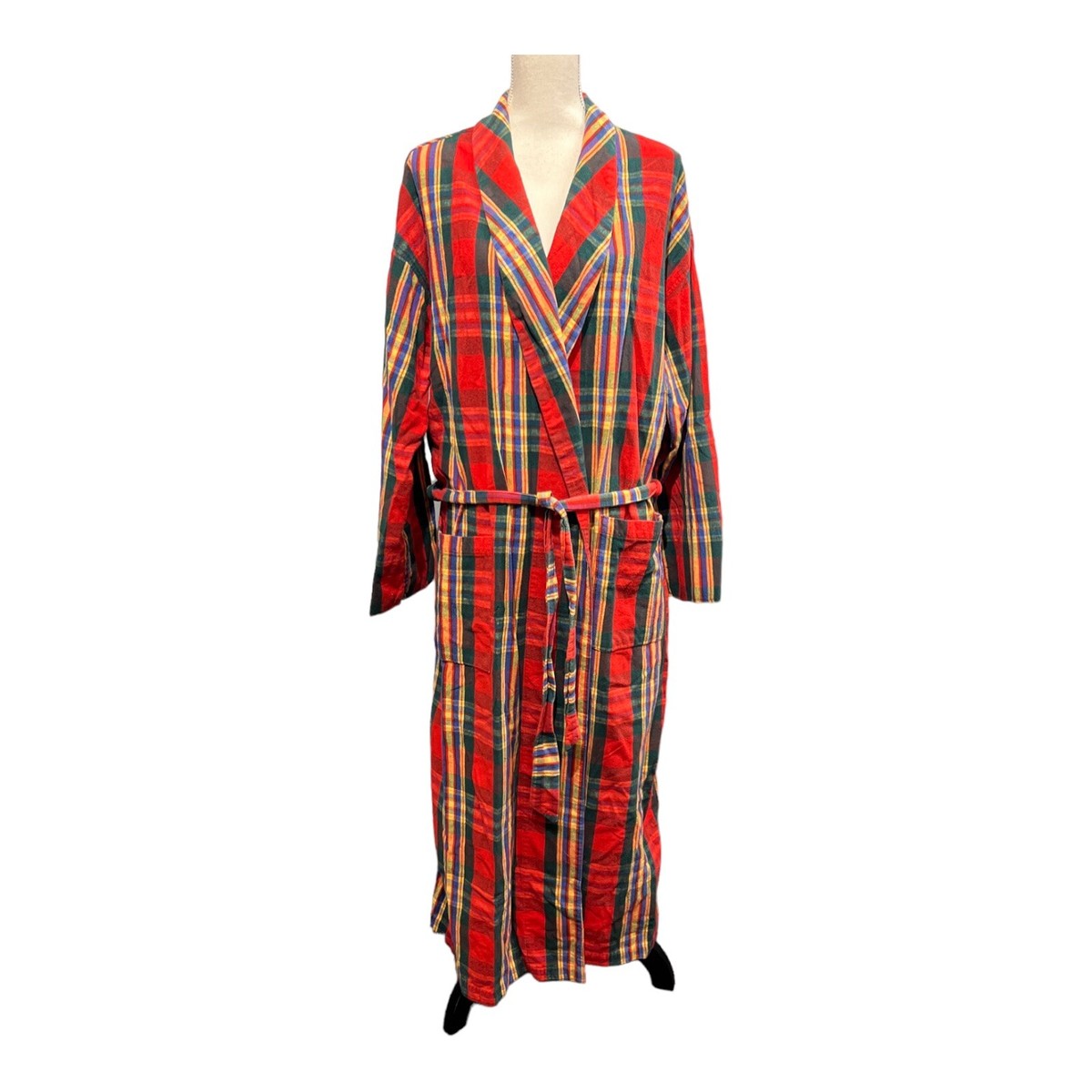 Vtg Garnet Hill Womens Large Cotton Red Tartan Plaid Flannel Robe Long Tie  USA