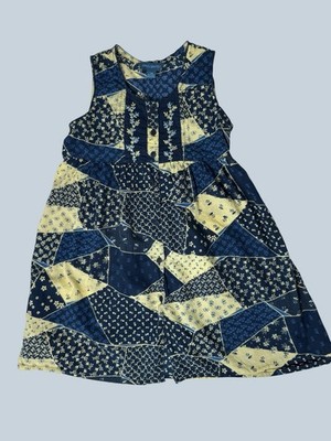 April Cornell Girls Patchwork Dress Embroidered Size 7/8 Tie Back Blue Yellow