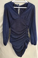 Windsor Navy Blue Metallic Dress Balloon Long Sleeve Stretch Bodycon Sparkly