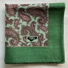 Vintage Handkerchief Pink Paisley Pattern Border Green Cotton Pocket Square 17"