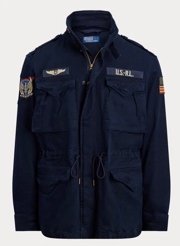 NWT Polo Ralph Lauren Navy Blue Herringbone MILITARY Patch Iconic Field Jacket video thumbnail