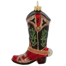Christmas Cowboy Boot Ornament, Blown Glass Glittered, Black Red NWT
