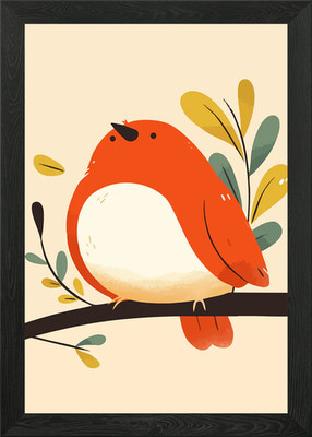 Niedlicher orangefarbener Vogel auf Ast Minimali gerahmtes Wandbild Poster Leinwanddruck Bild