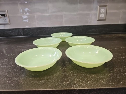 Vintage SET of Five AH Fire King Jane Ray Jadite Jadeite Ribbed 6” Cereal Bowls