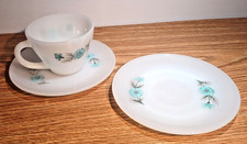 Anchor Hocking Fire King Milk Glass BONNIE BLUE Carnation Cup and Saucers 3pcs 