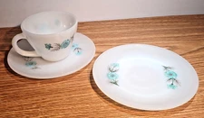 Anchor Hocking Fire King Milk Glass BONNIE BLUE Carnation Cup and Saucers (3pcs)