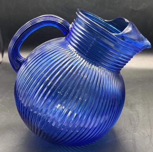 Vtg 1930s Hazel Atlas Cobalt Blue Tilt Fine Rib Glass Pitcher 80 Oz. Read!
