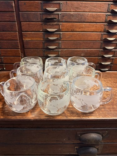 Lot of 9: Etched Globe Clear Glass Coffee Tea Mugs - Vintage Nestle Co. Inc MCM