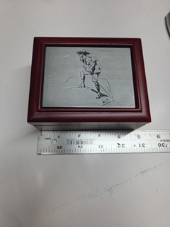 Boy Scout Baden Powell design jewelry wooden box 4.75 x 1.75 in exc cond