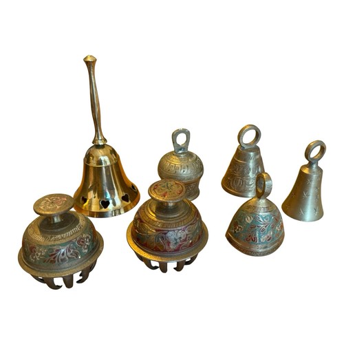 Lotto 9 Vintage Ottone Artiglio Elefante Campana Tibetana Incisa Smaltata Multicolore Asiatico - Foto 7 di 17