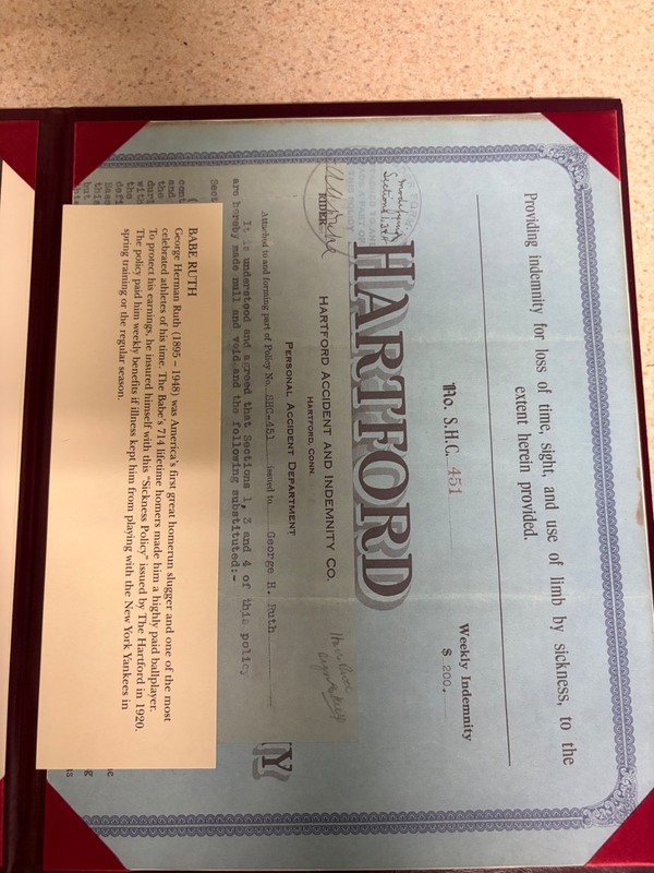 Babe Ruth Hartford insurance policy replica
