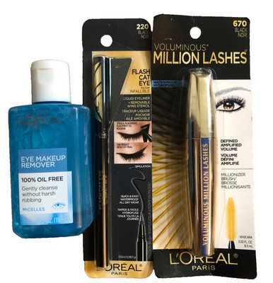 3 Loreal Million Mascara BLACK NOIR670+Waterproof Liquid Eyeliner Black+ REMOVER