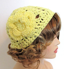 CLASSIC BOHO BEANIE HAT CAP YELLOW MESH OPEN WEAVE FLOWER HANDMADE CROCHET