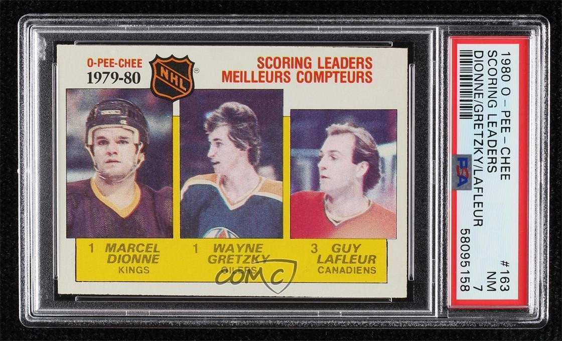 1980 O-Pee-Chee League Leaders Wayne Gretzky Marcel Dionne Guy Lafleur PSA 7 0ll