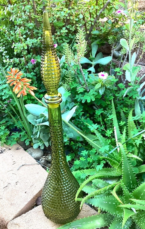 Empoli Style Green Glass Genie Bottle Decanter & Stopper 23" T Diamond Cut  MCM