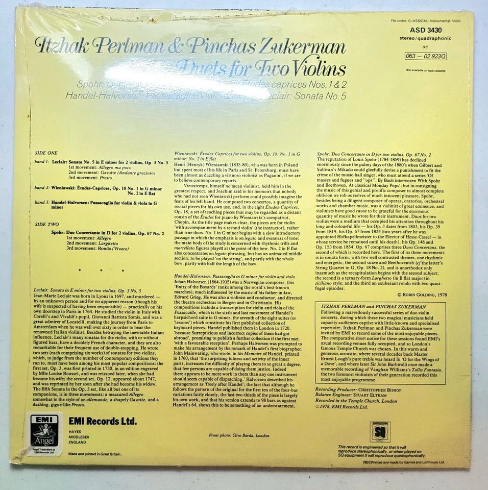 Itzhak Perlman & Pinchas Zukerman - Duets for Two Violins EMI ASD-3430 - NEW - Image 2 of 2