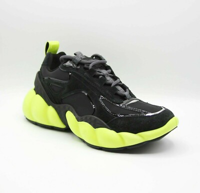 $720 MCM Luft Collection Women's Black Suede Neon Green Trim Sneaker MES9AMM66BK