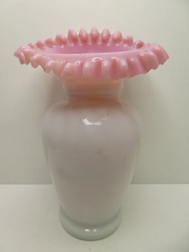 ANTIQUE VICTORIAN PINK WHITE MILK GLASS RUFFLED TOP VASE