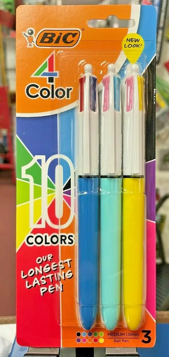 BIC, 4 Color Ball Pen Set 10 Colors, Medium, Blue, Baby Blue