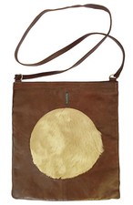 Orla Kiely Cross Body Bag Brown Leather Rectangular 12" X 13" Fur Circle Accents