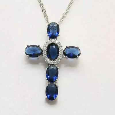 3Ct Oval Cut Blue Sapphire Diamond Cross Pendant Necklace 14K White Gold Finish