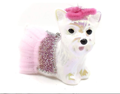 Fashion Diva Dog Ornament,White,Pink TuTu,Pink Hat,Sequins,Crystals,Hanging Loop