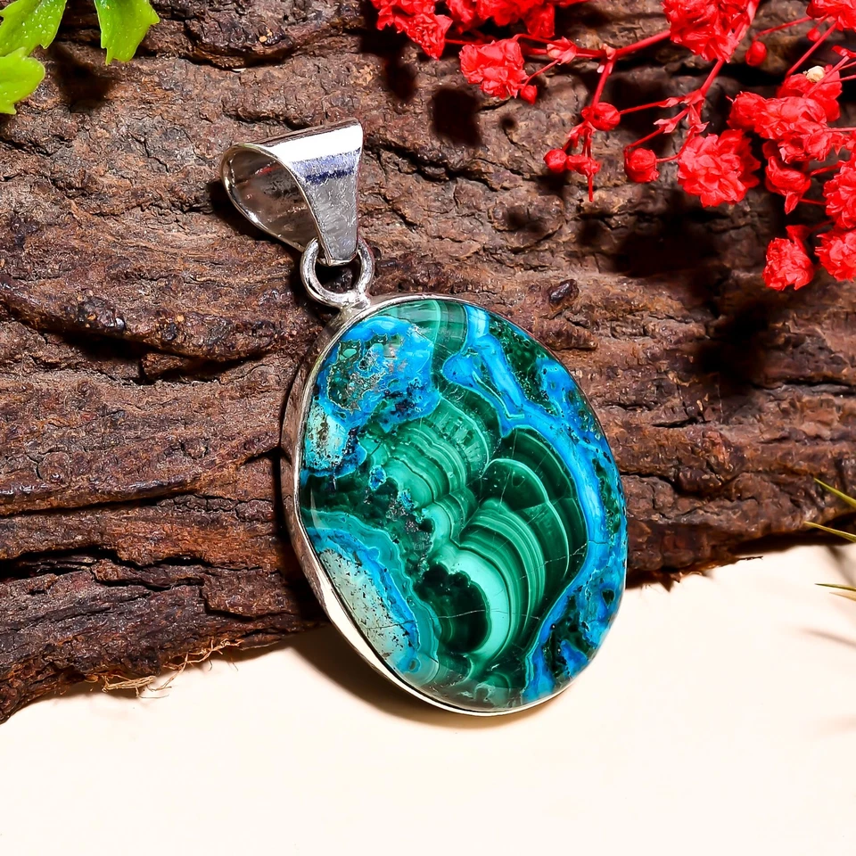 Colgante de múltiples piedras preciosas de malaquita shattuckita plata de ley 925 sólida A-4 Foto 2 de 4
