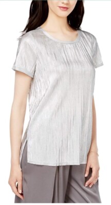 BAR III Metallic Silver Top Womens S Short Sleeve Micro Accordion Pleated