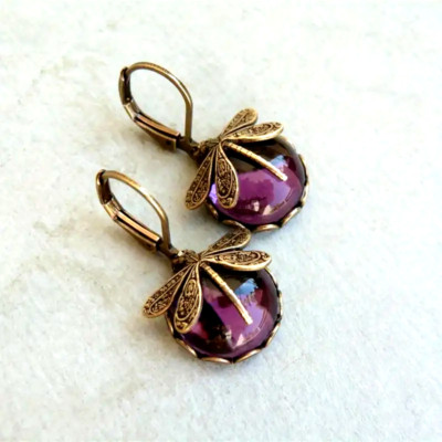 Earrings Women Vintage Boho Dragonfly Purple Crystal Dangle Jewelry New Fashion