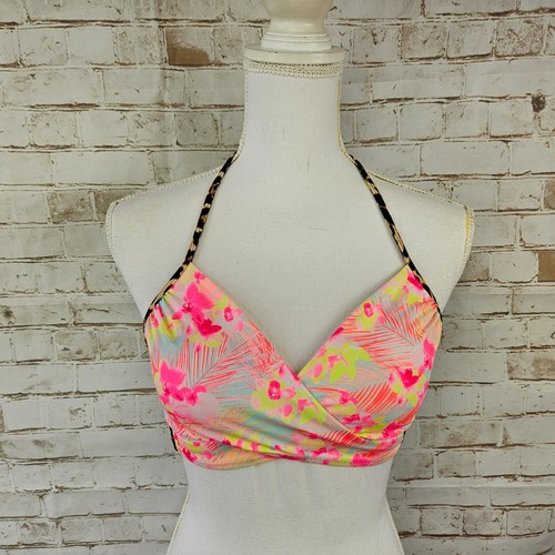 Victoria's Secret PINK Size Medium Floral Leopard Criss Cross Halter Bikini Top - Picture 2 of 10