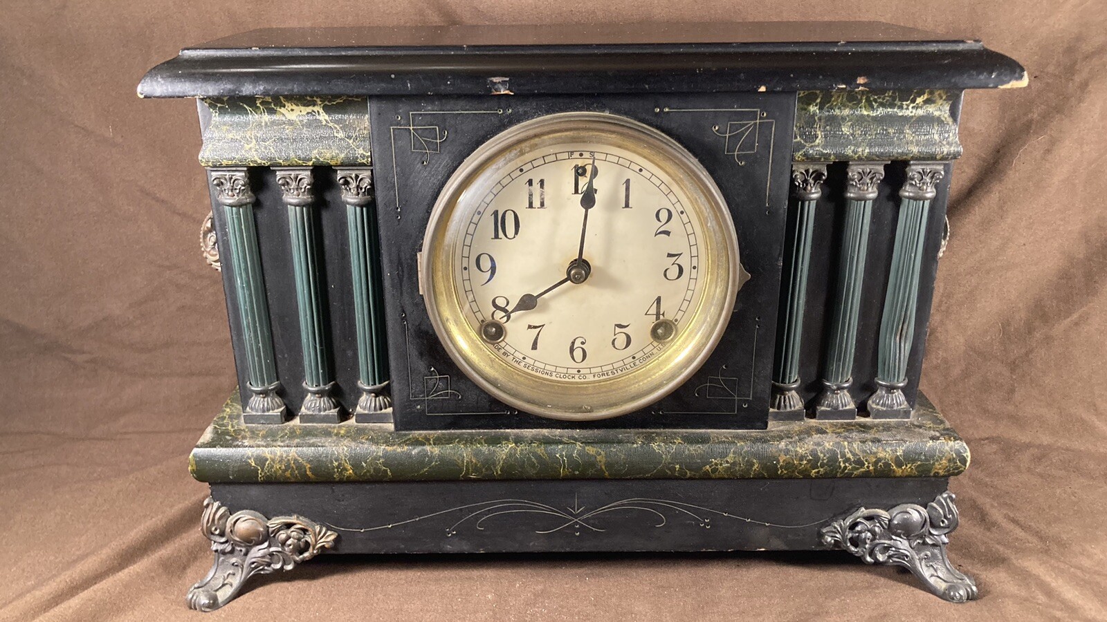 Antique Sessions Ornate Wood Mantle Black Pillar Clock Repair
