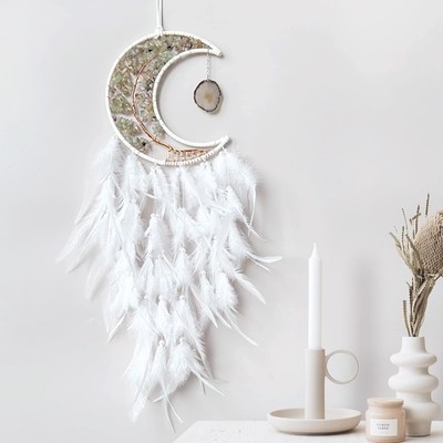 Moon Dream Catchers with Chakra Gemstone Agate Stone, Crystal Tree Life White 