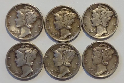 6 Mercury Dimes 1945 Silver 10C Coins Circulated Business Strike Uncertified
