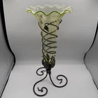 Victorian Fenton Uranium Glass Epergne In Metal Floral Stand Vaseline Glass