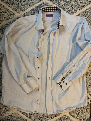 Lorenzo Uomo Trim Fit Dress Shirt 17.5 34/35 Blue Check Gingham Contrast Cotton