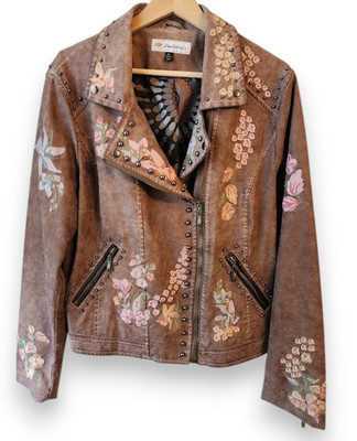 Montana Co. Women's Brown Faux Leather Embroidered Studded Moto Jacket XL