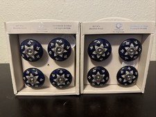 NEW CASA DECOR DARK BLUE WHITE CERAMIC DRAWER PULLS KNOBS SET OF 8