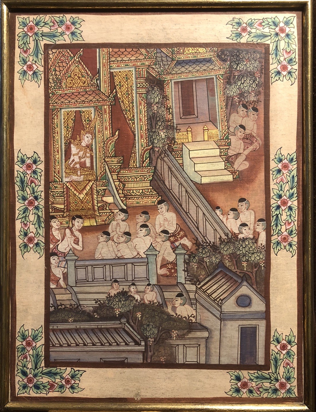 Escena de templo multifigura Buda dorado. Pintura asiática, Tailandia, semiantigua