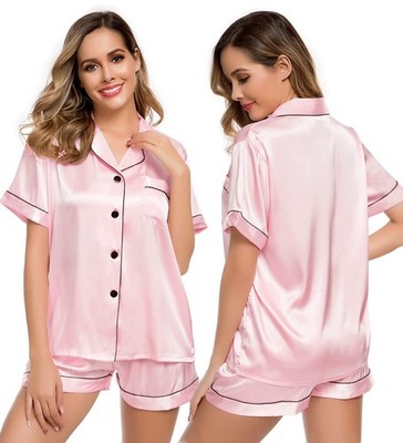LecGee Womens Silk Satin Pajamas Short Sleeve Loungewear Small, Pink-03