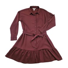 Nine West Burgundy Long Sleeve Shirt Dress Belted Flounce Hem Size S