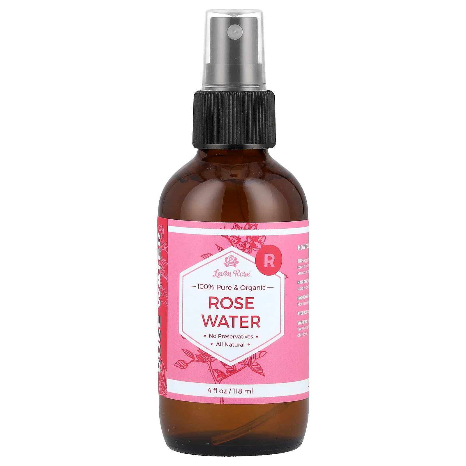 Leven Rose 100 Чистая органическая розовая вода 4 жидких унции 118 мл All-Natural