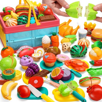 100 PCS Cutting Play Food Set for Kid Kitchen, Storage Basket with Vegetable ...