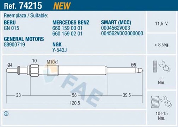 FAE GlüHkerze 74215 FüR City Fortwo Smart 450 11,5V M10X1 CDI 300 301 302 303-image