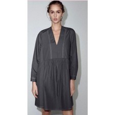 Zara NWT Gray The Dory Cotton Pockets Long Sleeve Mini Dress Size M