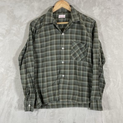 True Vtg 50s 60s Dan River Loop Collar Camp Shirt Long Sleeve Cotton Plaid XS/S