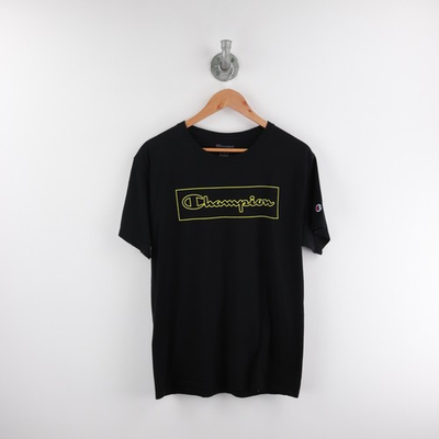 #ad Champion T Shirt Uomo M Nero Logo Stampato Grande Petto Ricamato Piccolo Manica EUR 14.90