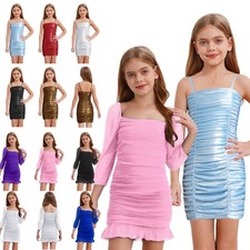 Girl Metallic Bodycon Dress Sparkly Party Spaghetti Strap Tween Mini Tight Dress