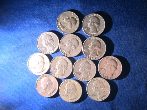 12- 90 % 1964 P & D  SILVER WASHINGTON QUARTERS ABOUT UNC TO UNC 2.17 TROY OZ
